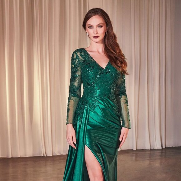 New Mother Of Bride Maxi Gown w/ Long Sleeves Floral Lace & Side Drape CDS506 - Picture 1 of 9